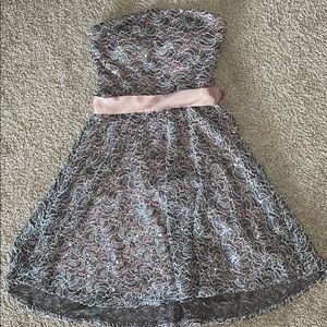 Sparkly pink lace strapless mini homecoming dress